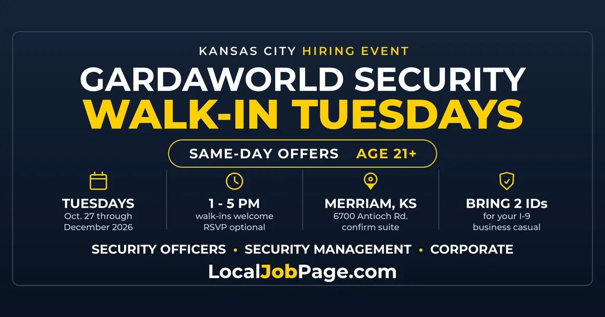 GardaWorld Walk-In Hiring Every Tuesday in Merriam: Same-Day Offers for Security Jobs